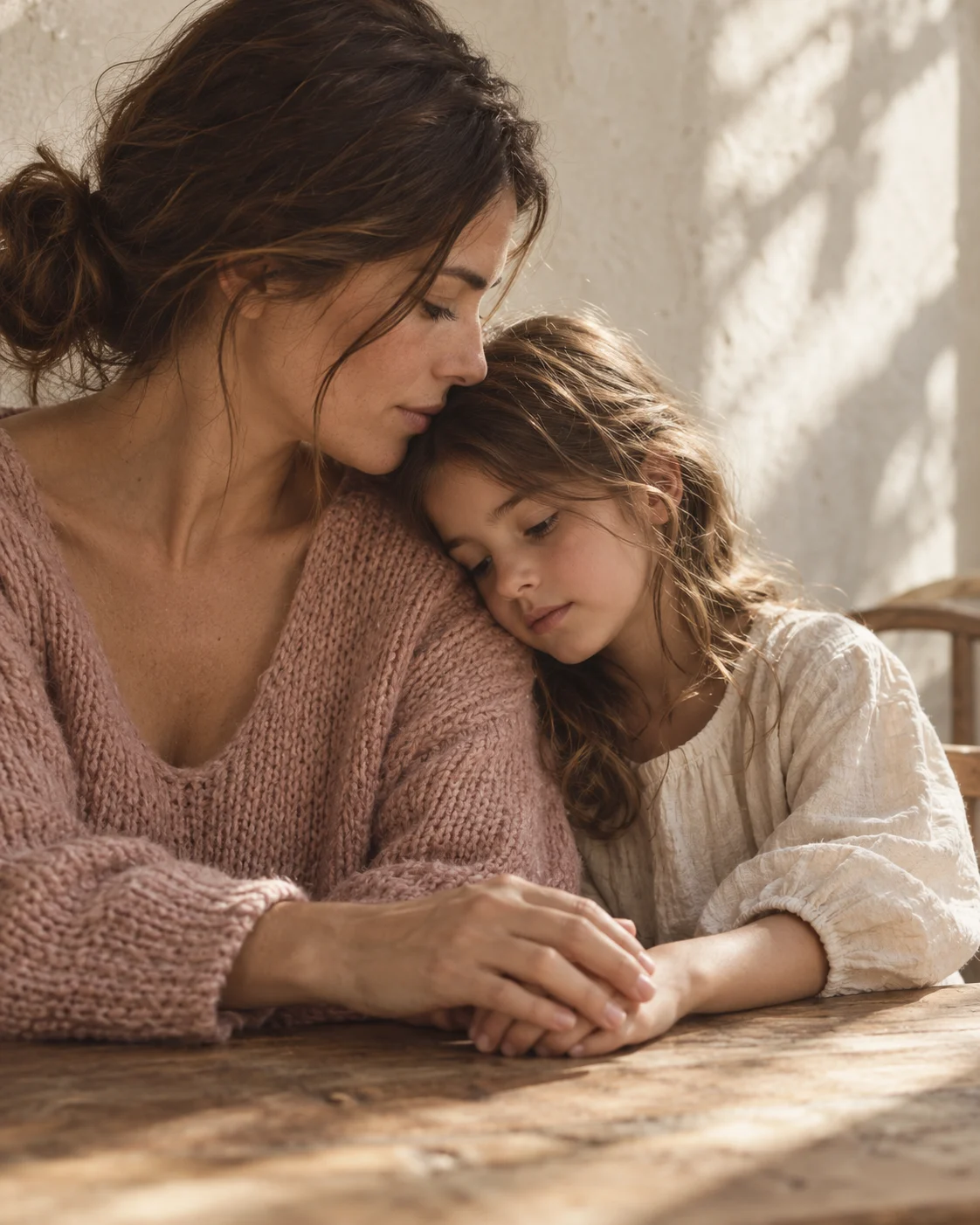 Escena editorial de una madre y su hija compartiendo un momento de calma y cercanía