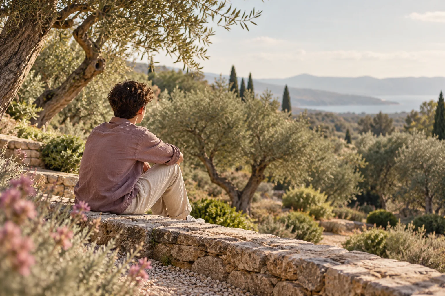 Adolescente de espaldas en un jardín mediterráneo, en un momento de pausa. Imagen editorial ilustrativa.