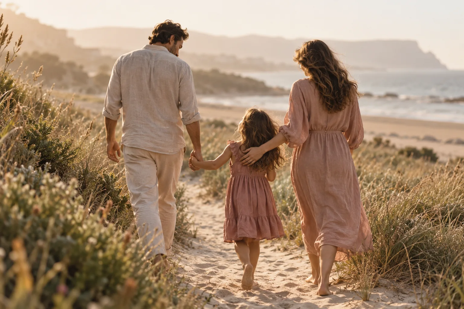 Una familia caminando junta por un sendero entre hierbas, vista de espaldas. Imagen editorial ilustrativa.