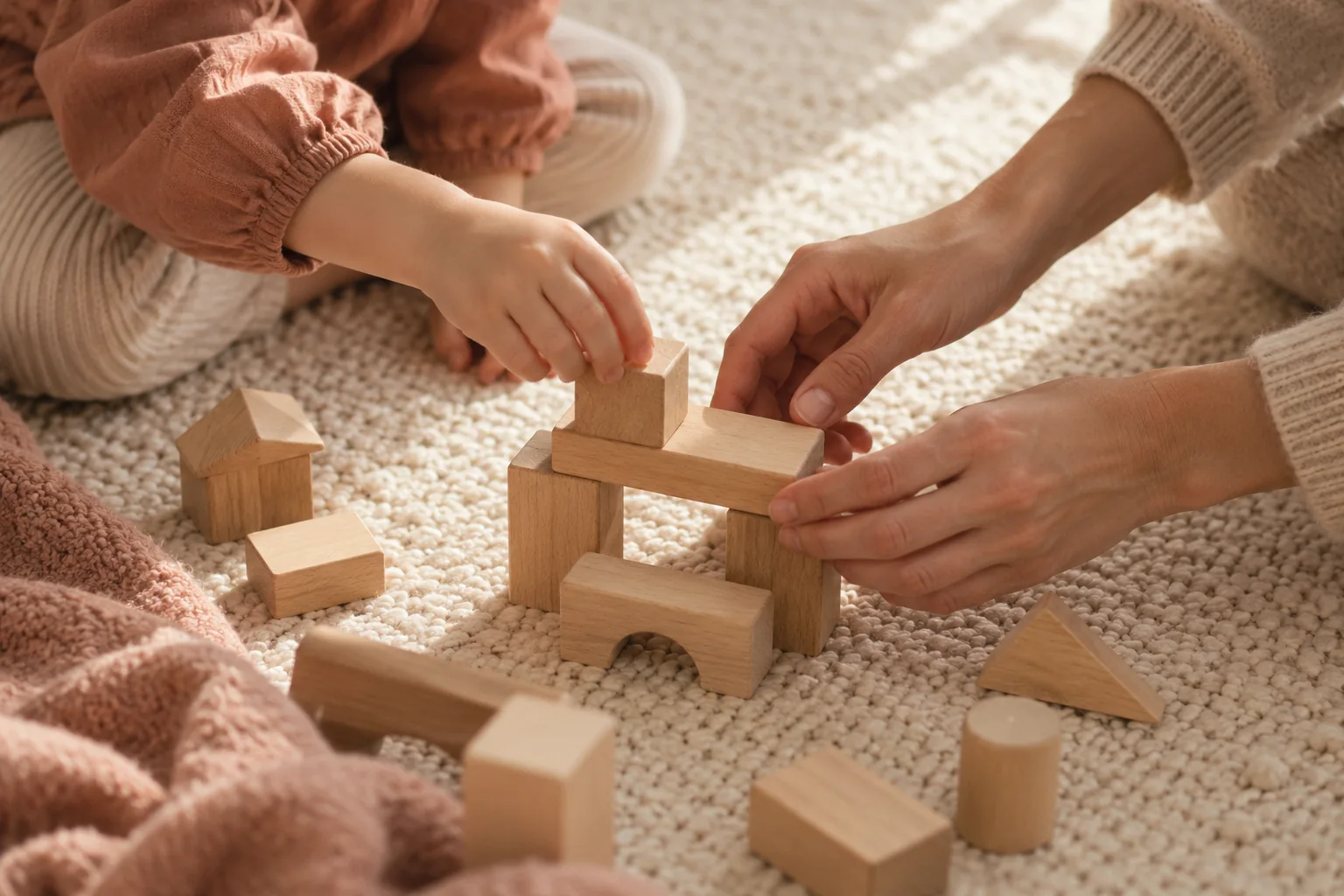 Manos de un niño y de una persona adulta construyendo con piezas de madera. Imagen editorial ilustrativa.